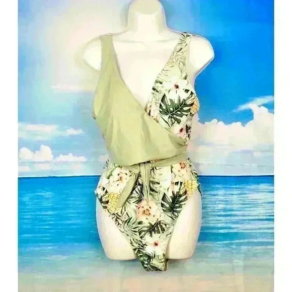 SAGE GREEN and FLORAL one piece Swim Bathing Suit TROPICAL Hawaiian size XL 1x - Picture 2 of 5
